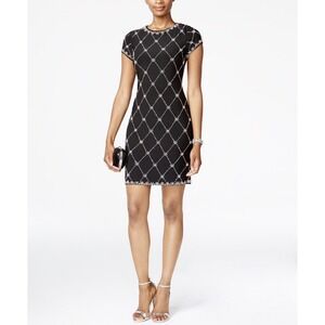 Betsy And Adam Black Embellished Sheath Dress Diamond Pattern Pearls Rhinestones